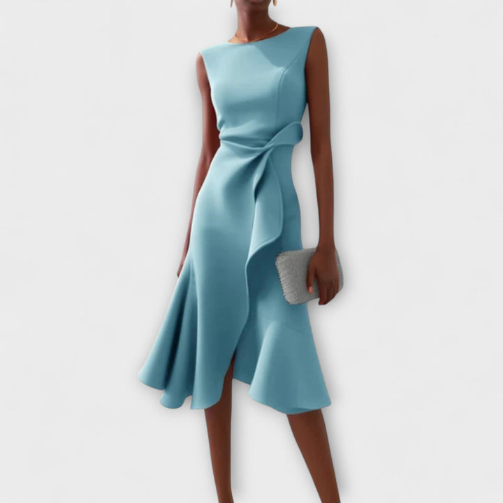 Sheila | Midi Cocktail Dress with Asymmetric Hem and Draped Bodice