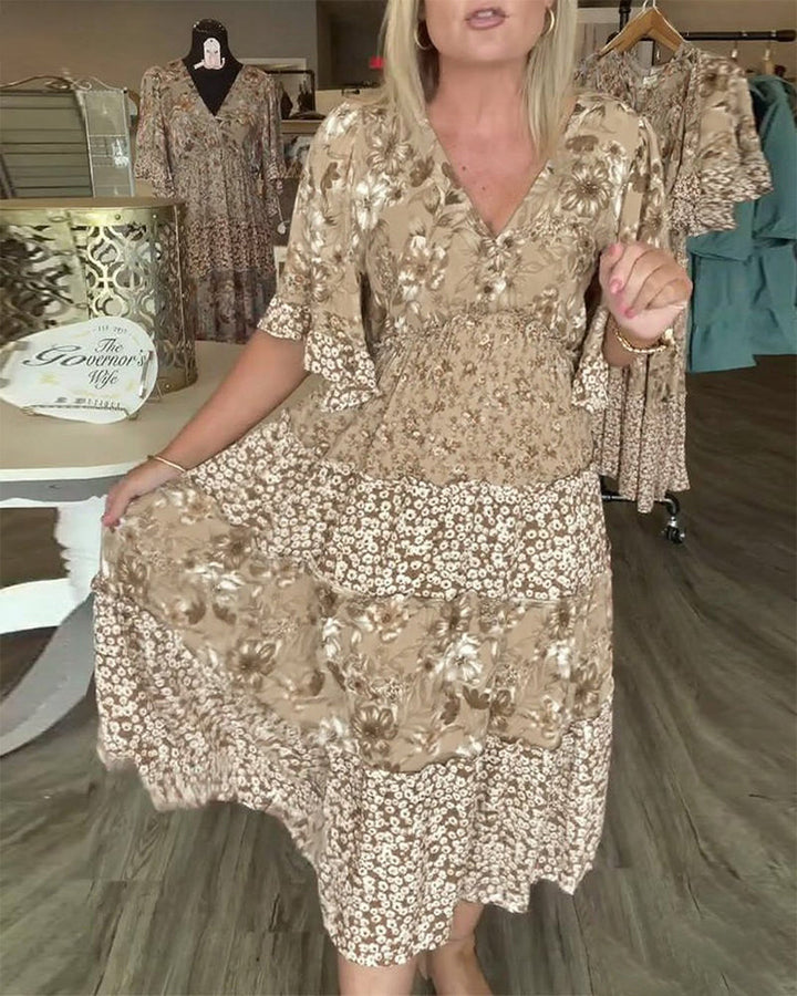 Sandra | Midi Summer Dress with Floral Print and V-Neck