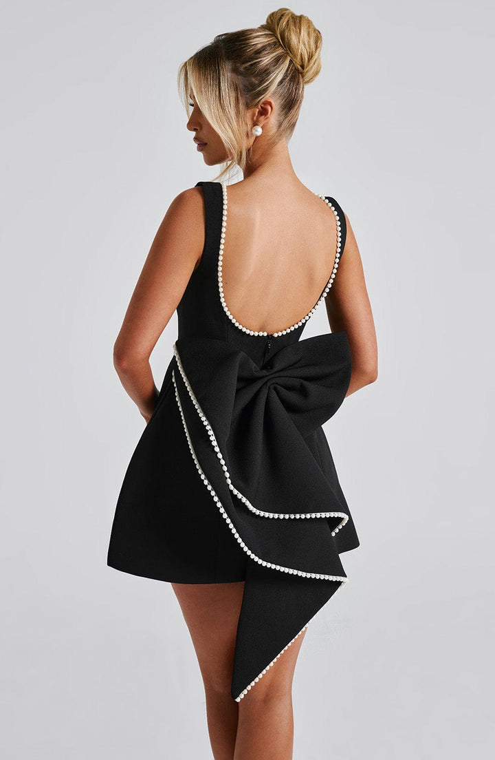 Amber | Mini Wedding Guest Dress with Pearl Trim and A-Line Cut