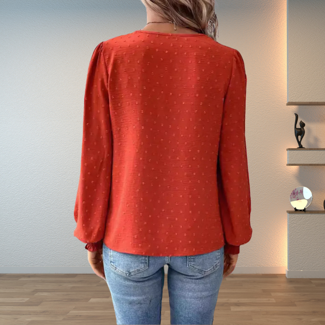 Vivian | Split V Neck Blouse with Lace Detail and Puff Sleeves