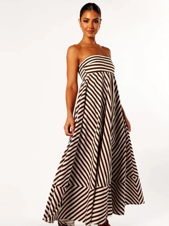 Yasmine | Maxi Summer Dress with Strapless Bodice and Striped Print