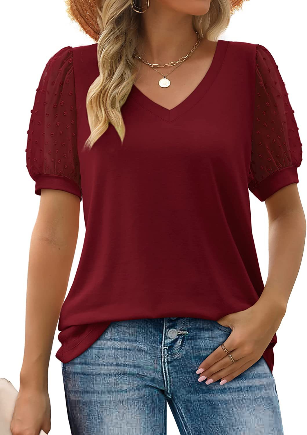 Ava | Puff Sleeve Top with V-Neck and Plain Finish