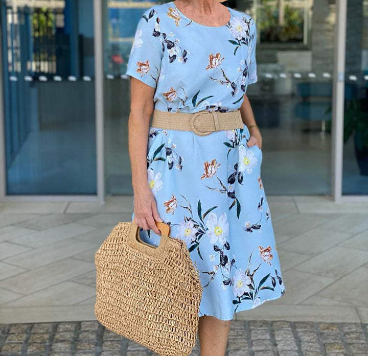 Amber | Midi Summer Dress with Floral Print and Belted Waist