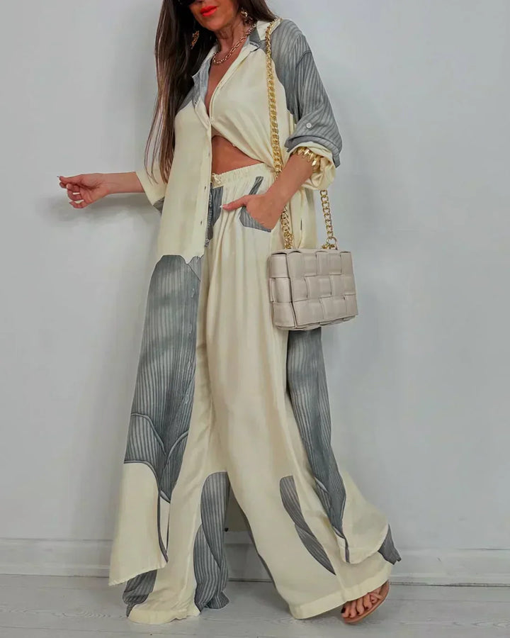 Nala | Abstract Print Two-Piece Set with Wide-Leg Trousers and Open Shirt