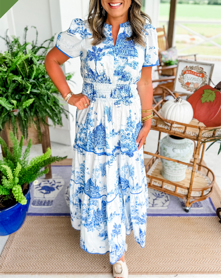 Nova | Midi Shirt Dress with Toile Print and Tiered Skirt