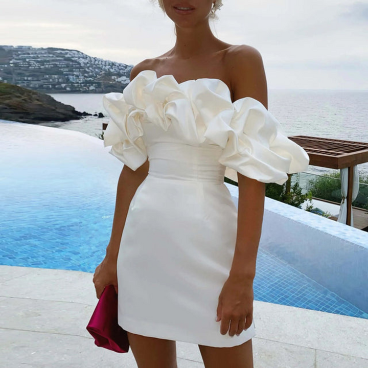 Ella | Mini Wedding Guest Dress with Strapless Bodice and Ruffle Detail