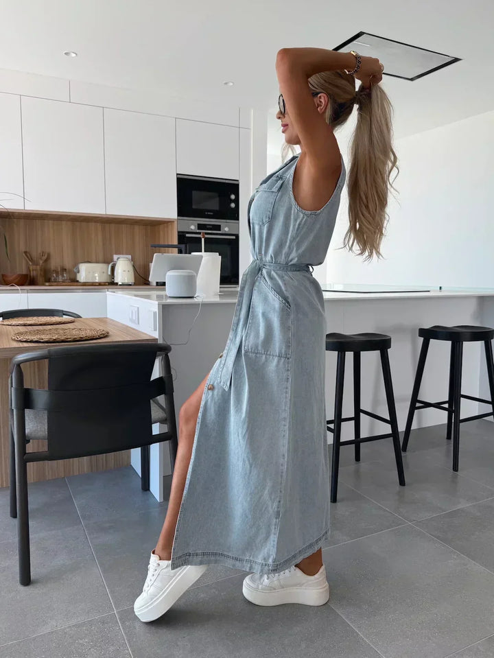 Claire | Maxi Shirt Dress with Belted Waist and Side Slit