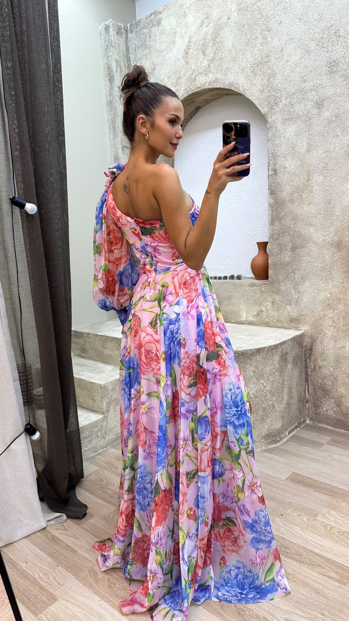 Millie | Maxi Wedding Guest Dress with One Shoulder and Floral Print