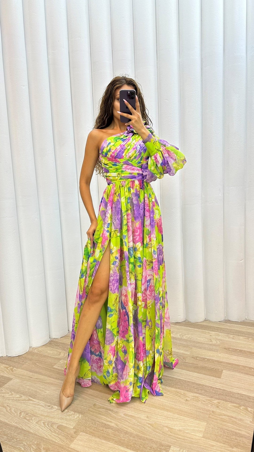 Millie | Maxi Wedding Guest Dress with One Shoulder and Floral Print