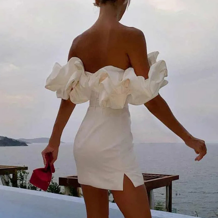 Ella | Mini Wedding Guest Dress with Strapless Bodice and Ruffle Detail