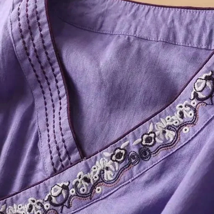 Xia | Wrap Blouse with Embroidered Trim and Side Tie