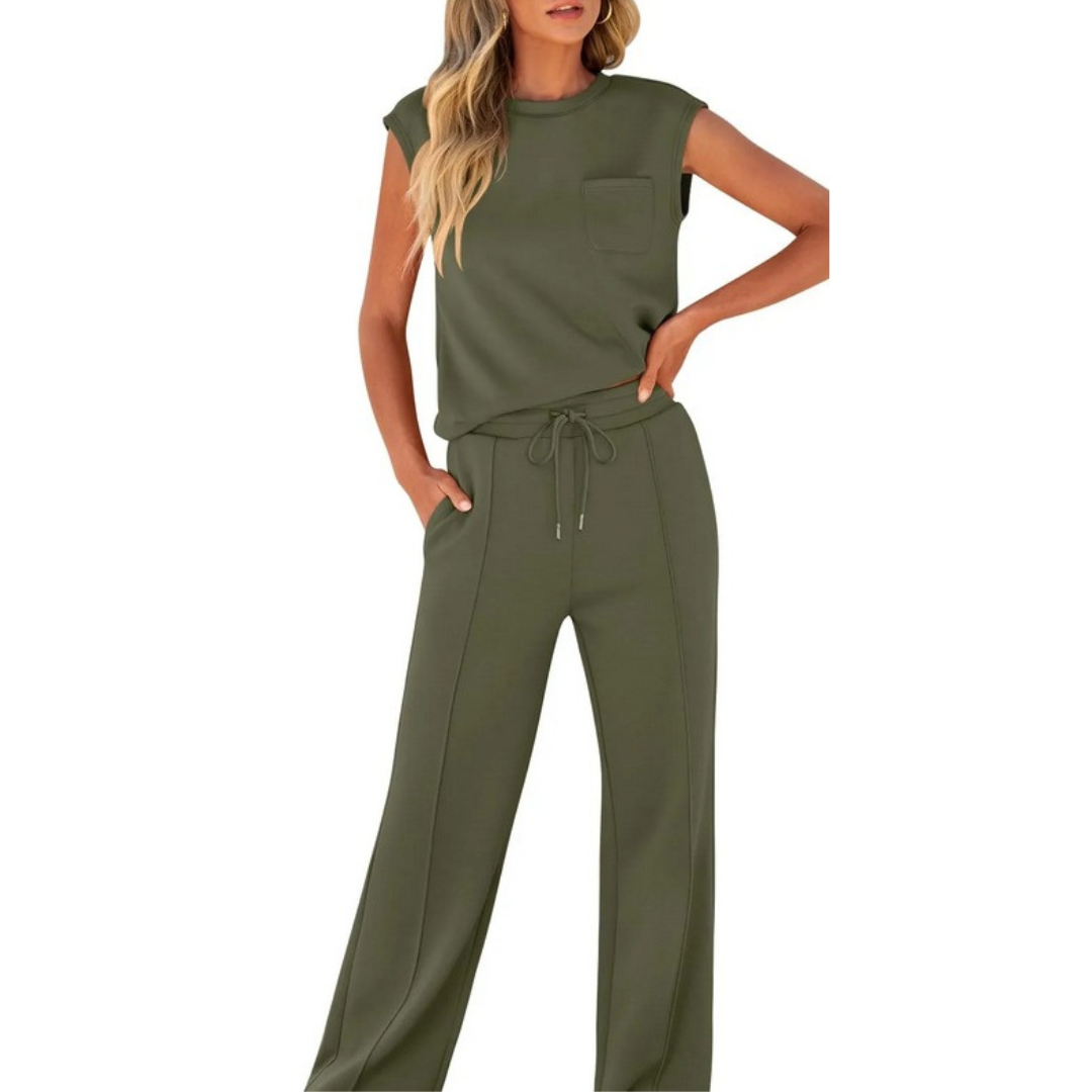 Cleo | Wide-Leg Trousers Set with Cap Sleeve Top and Drawstring Waist