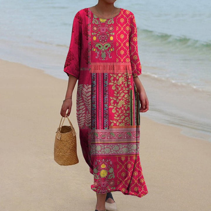 Evelyn | Midi Summer Dress with Boho Print and Three Quarter Sleeves