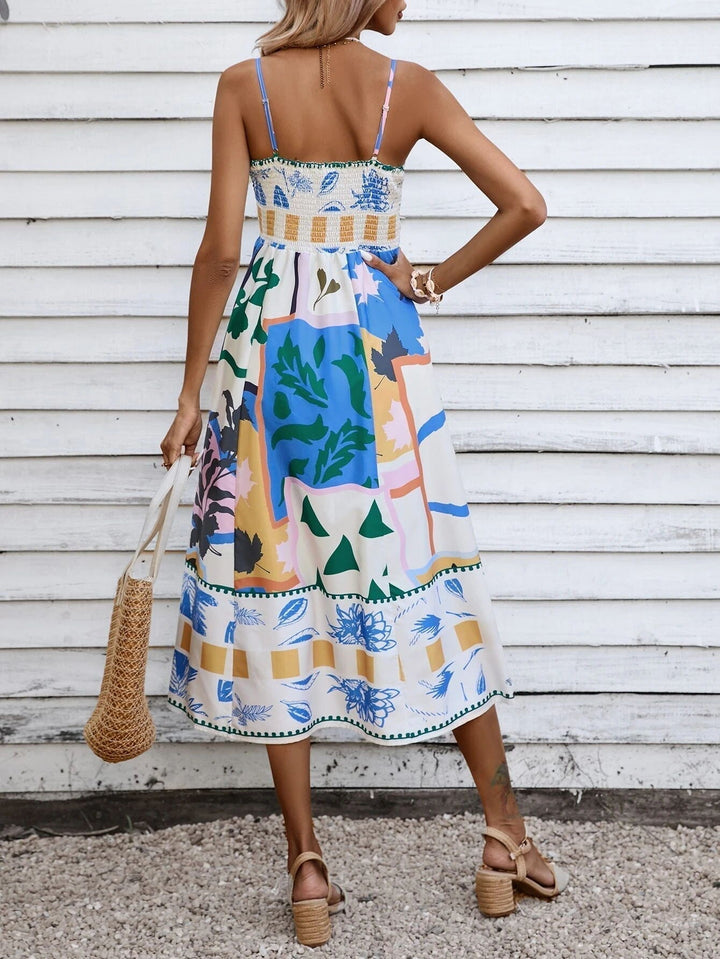 Eve | Midi Summer Dress with Abstract Print and Spaghetti Straps