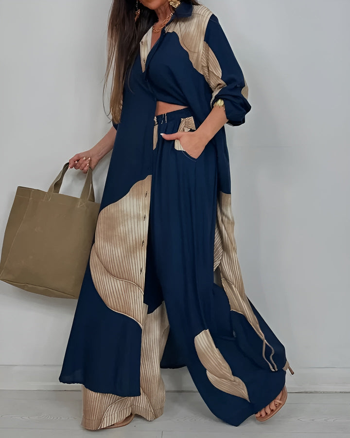 Nala | Abstract Print Two-Piece Set with Wide-Leg Trousers and Open Shirt