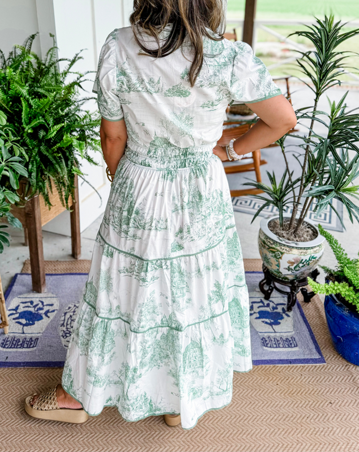 Nova | Midi Shirt Dress with Toile Print and Tiered Skirt