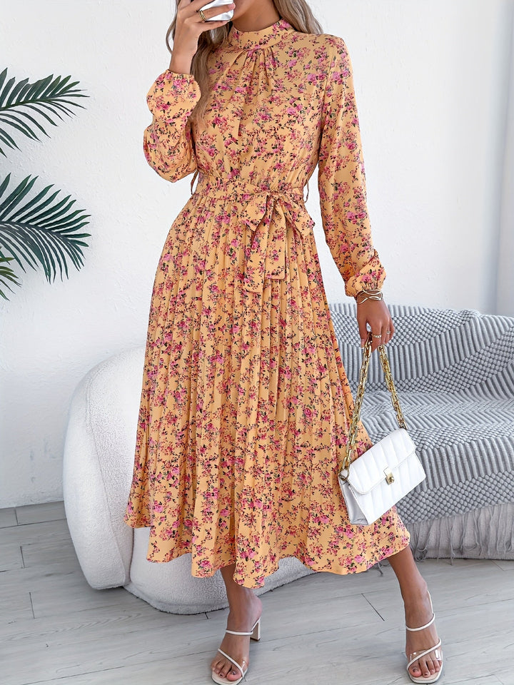 Sky | Midi Wedding Guest Dress with Floral Print and Long Sleeves