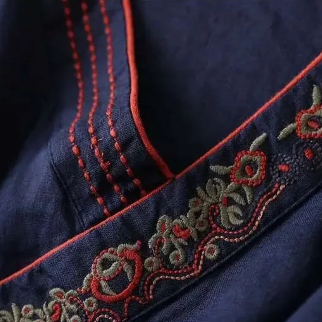 Xia | Wrap Blouse with Embroidered Trim and Side Tie