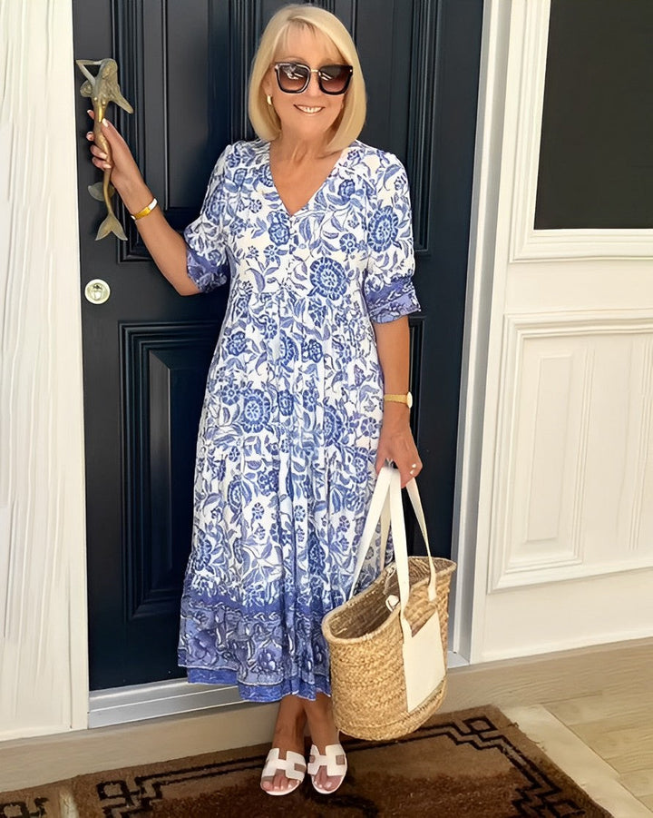 Phoebe | Midi Summer Dress with Boho Print and V-Neck