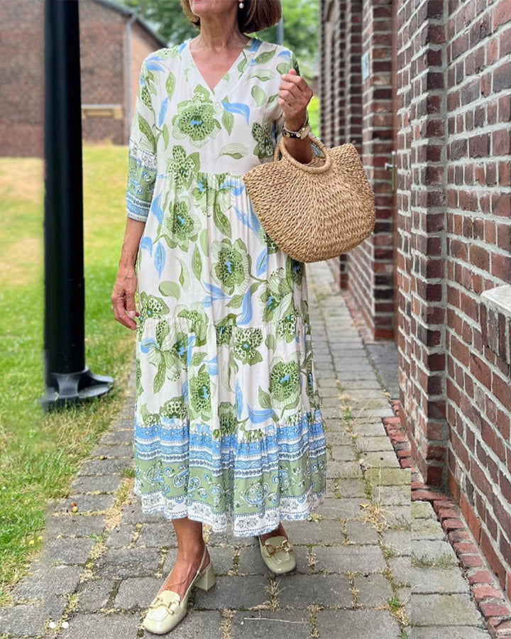 Emma | Midi Summer Dress with Floral Print and Three Quarter Sleeves