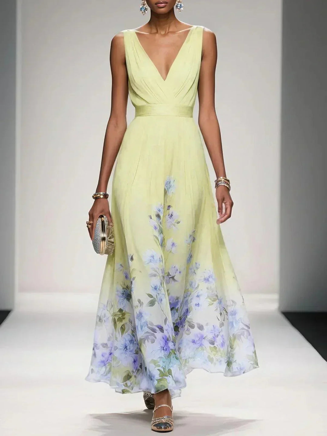 Ana | Maxi Wedding Guest Dress with Floral Print and V-Neck