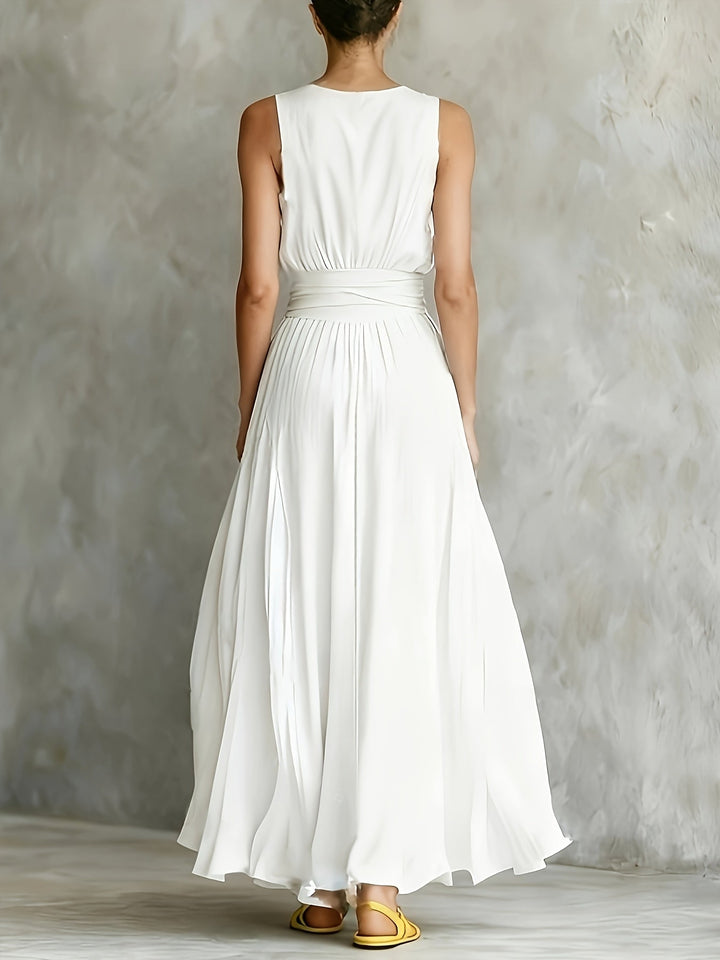 Xena | Maxi Wedding Guest Dress with Round Neck and Tie Waist