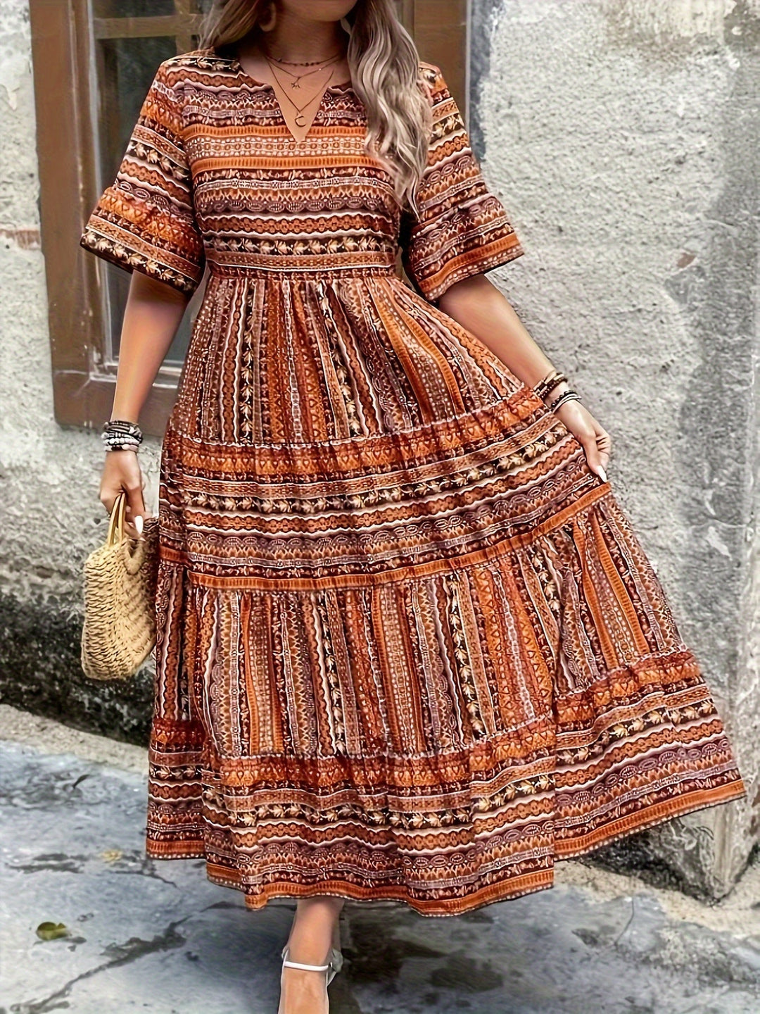 Rebecca | Maxi Summer Dress with Boho Print and Smocked Waist