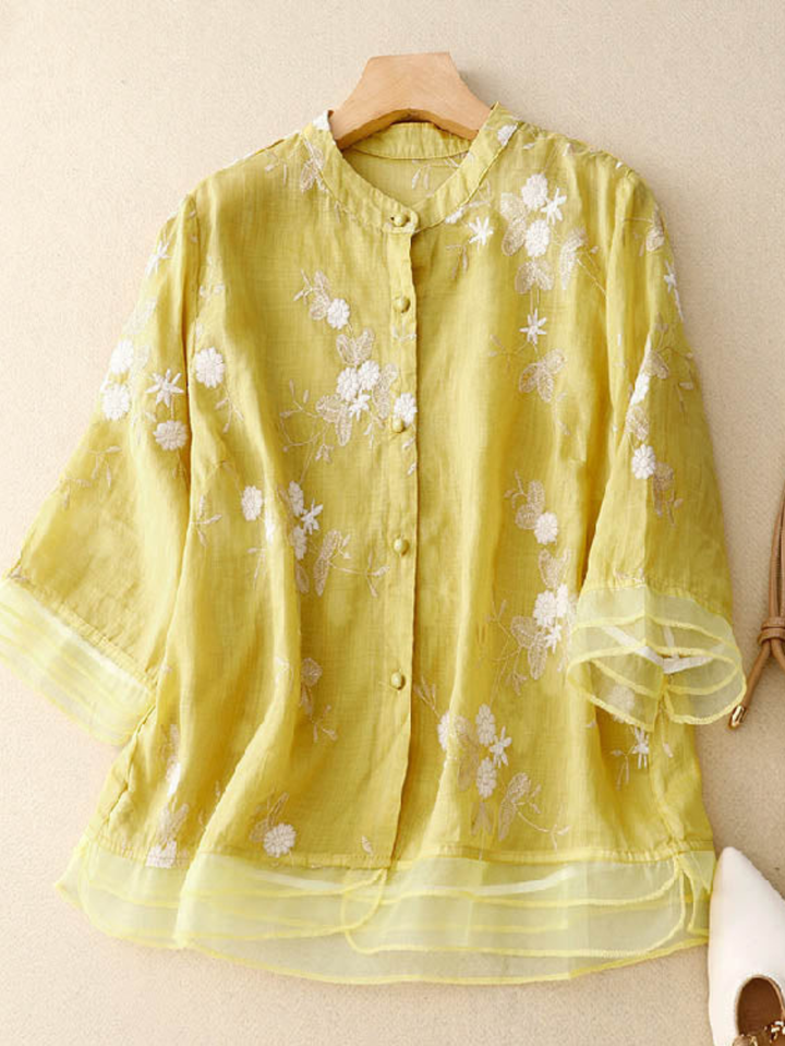 Adele | Embroidered Blouse with Mandarin Collar and Button Front