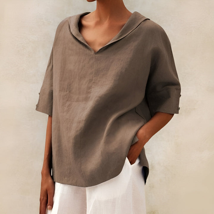 Ria | Linen Top with V-Neck Collar and Relaxed Fit