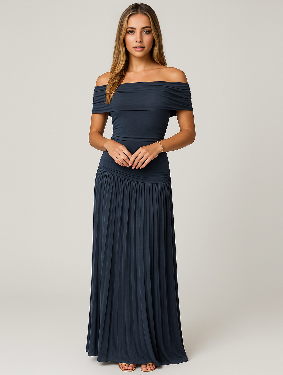 Bella | Maxi Wedding Guest Dress with Off Shoulder and Pleated Skirt