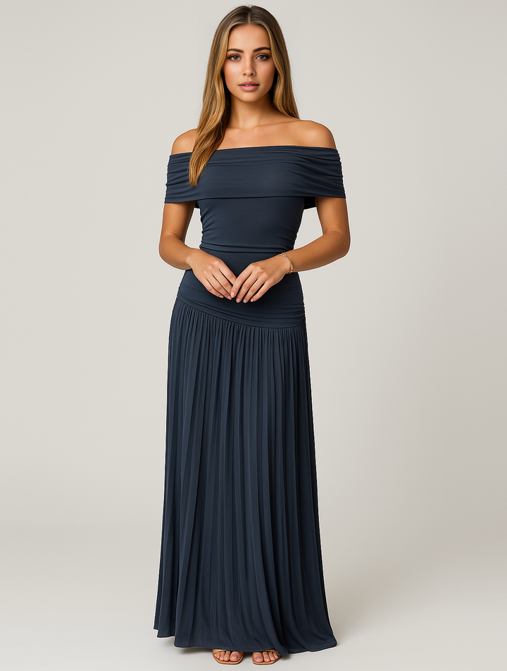 Isabel | Maxi Wedding Guest Dress with Off Shoulder and Pleated Skirt