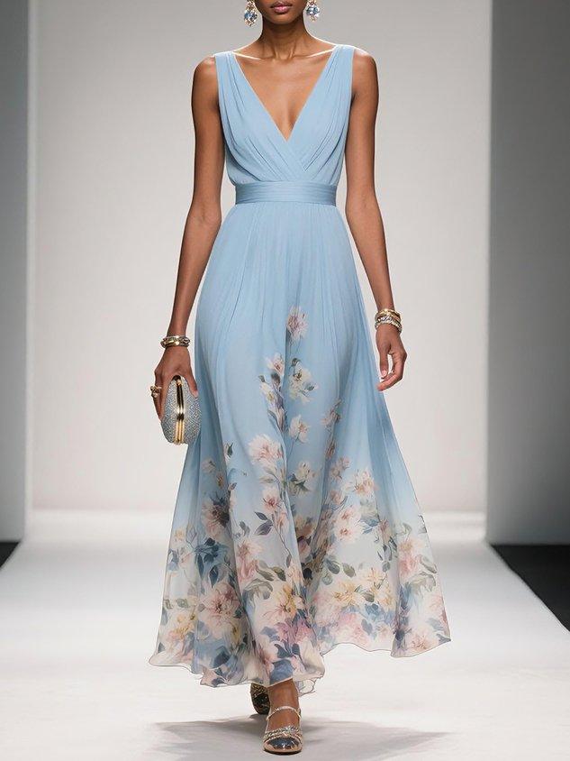 Ana | Maxi Wedding Guest Dress with Floral Print and V-Neck