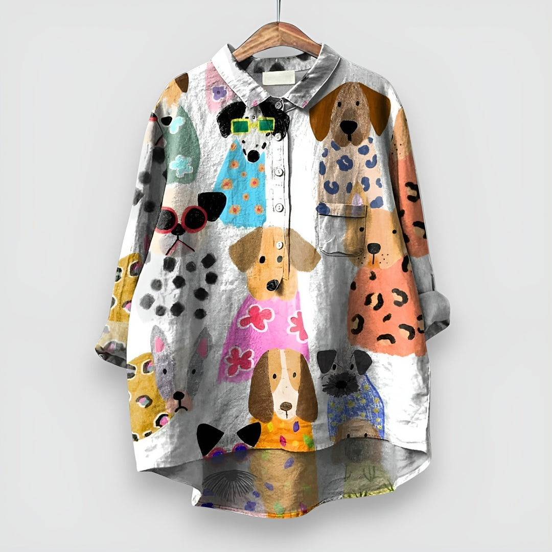 Winnie | Novelty Print Blouse with Button Front and Long Sleeves
