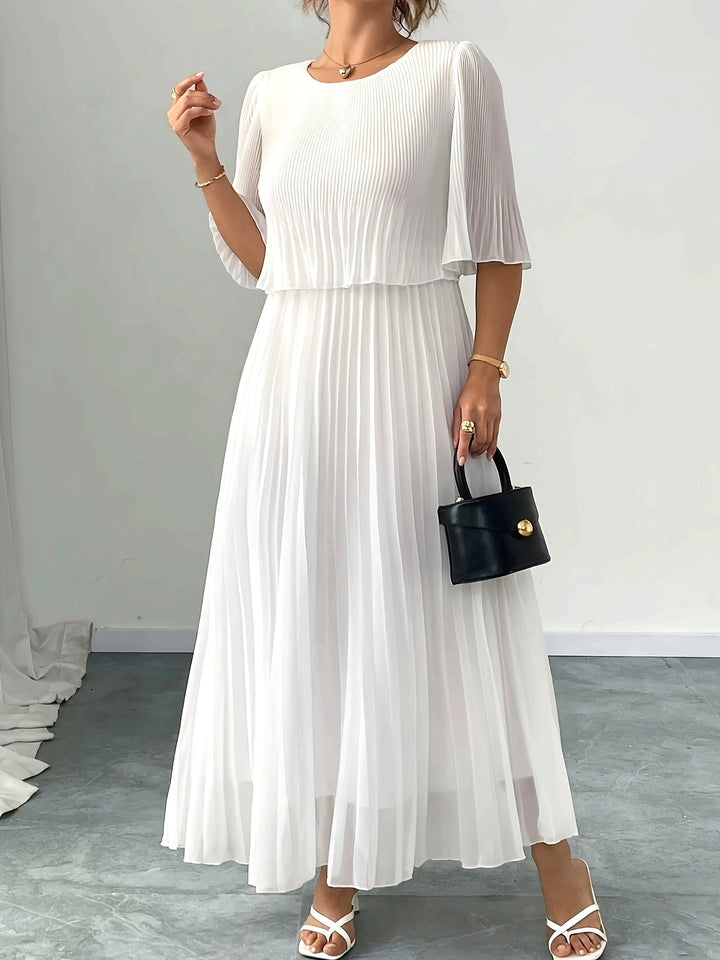 Claire | Maxi Wedding Guest Dress with Pleated Skirt and Round Neck