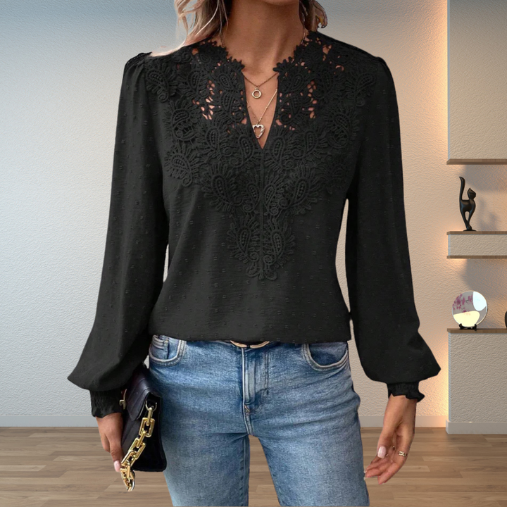 Vivian | Split V Neck Blouse with Lace Detail and Puff Sleeves