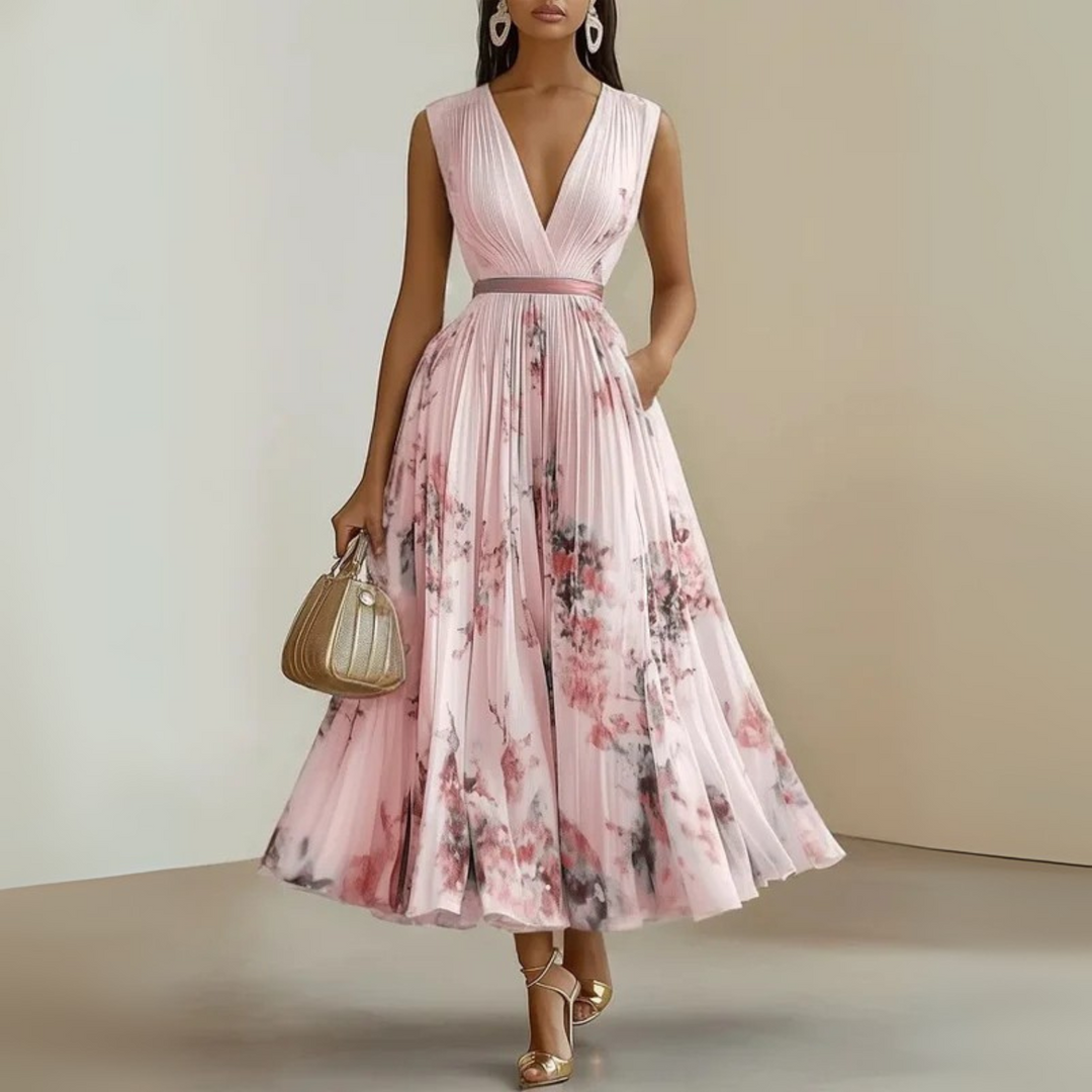 Nora | Maxi Wedding Guest Dress with Floral Print and Pleated Skirt