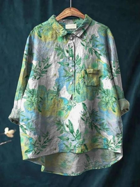 Flora | Floral Print Blouse with Shirt Collar and Long Sleeves