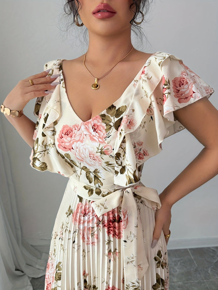 Flor | Maxi Wedding Guest Dress with Floral Print and Pleated Skirt