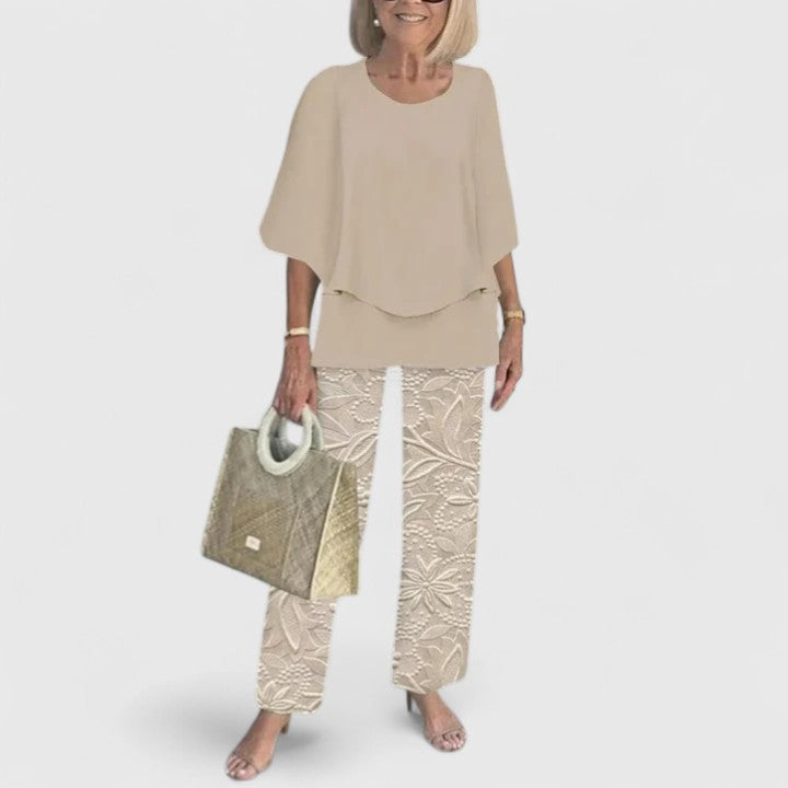 Marge | Matching Set with Floral Print Trousers and Layered Top