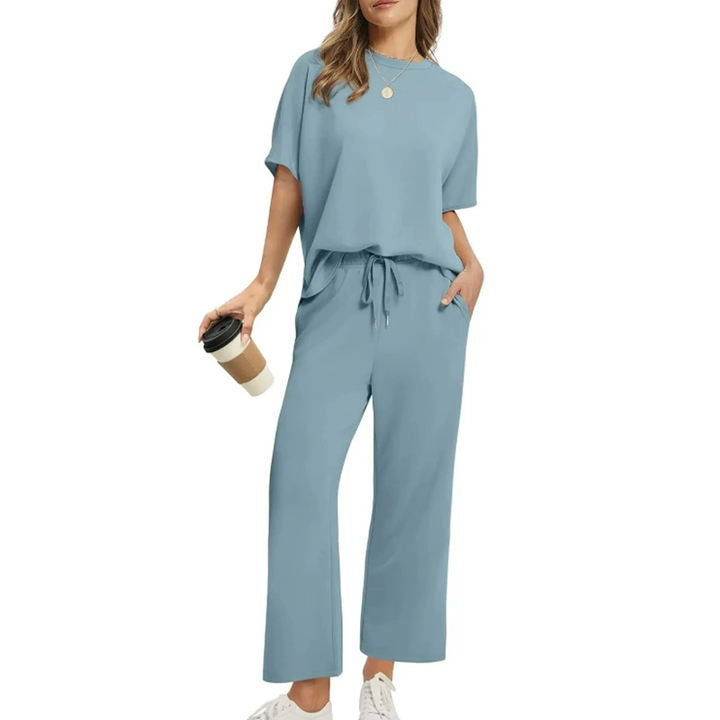 Aurora | Two-Piece Set with Round Neck Top and Wide Leg Trousers