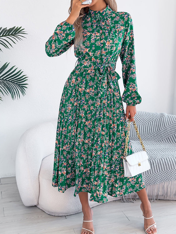 Sky | Midi Wedding Guest Dress with Floral Print and Long Sleeves