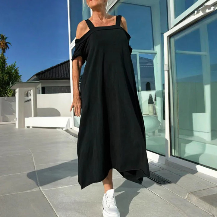 Rose | Midi Summer Dress with Cold Shoulder and Strappy Detail