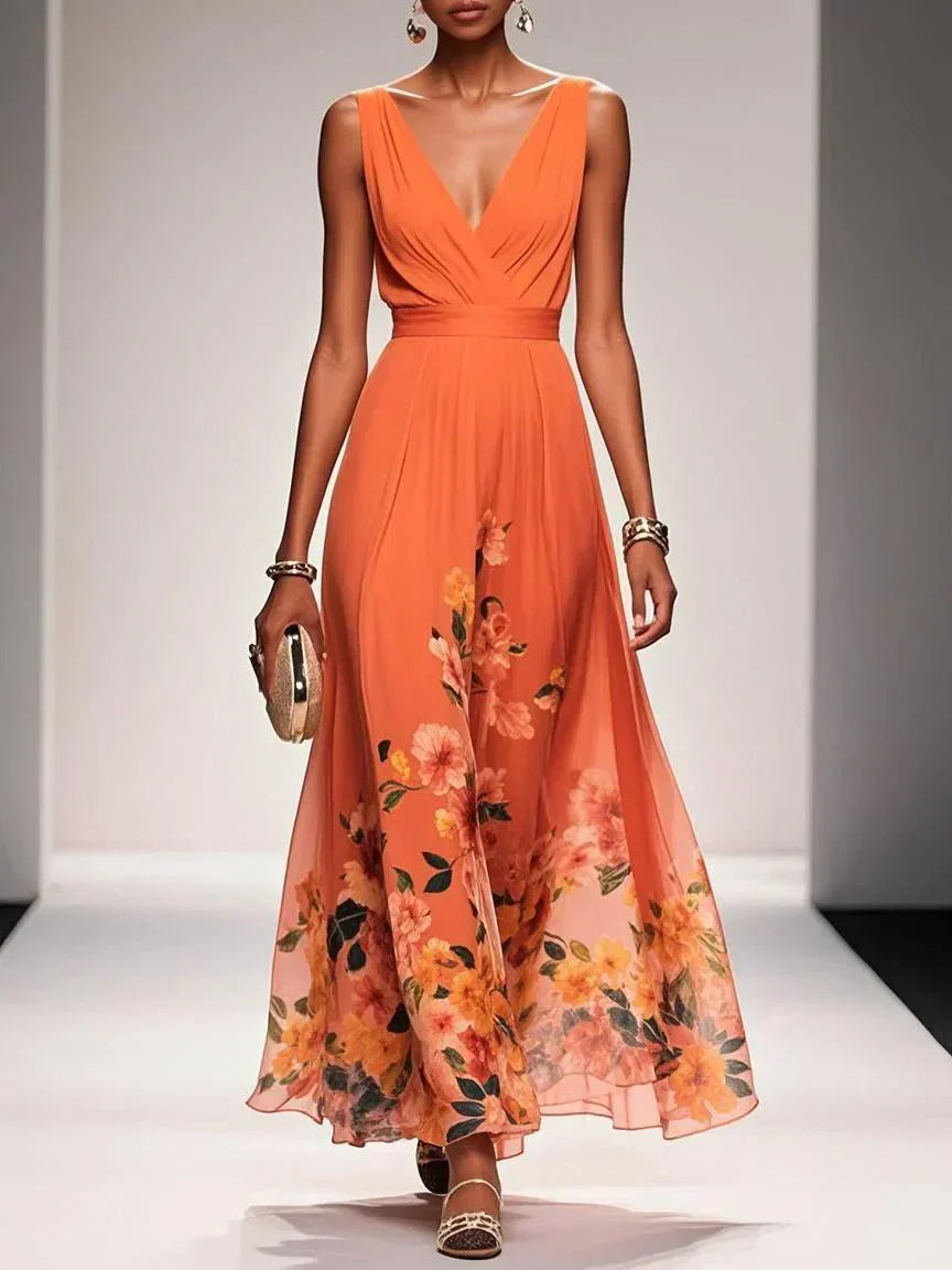 Ana | Maxi Wedding Guest Dress with Floral Print and V-Neck