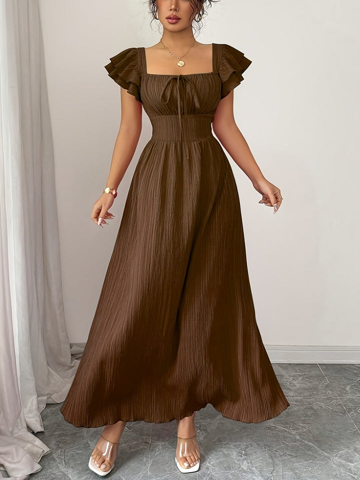 Vera | Maxi Wedding Guest Dress with Square Neck and Flutter Sleeves