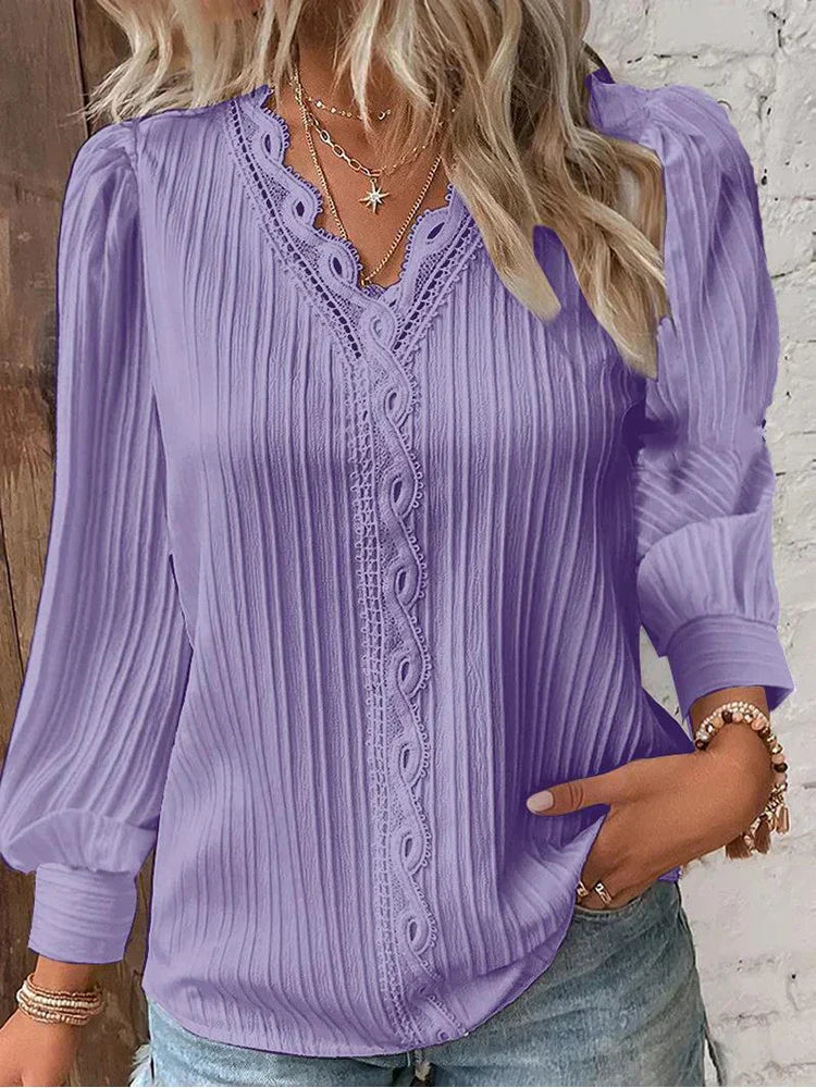 Lola | Lace Trim Blouse with V-Neck and Long Sleeves