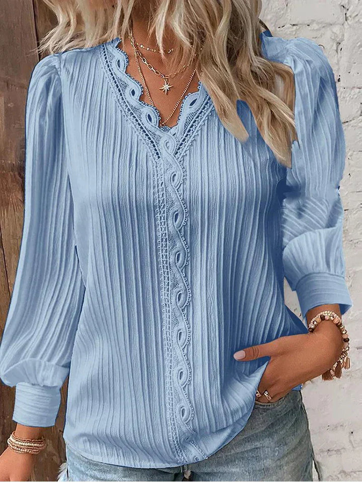 Lola | Lace Trim Blouse with V-Neck and Long Sleeves