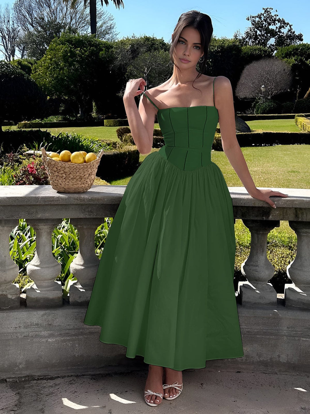 Caroline | Midi Wedding Guest Dress with Corset Bodice and Square Neck