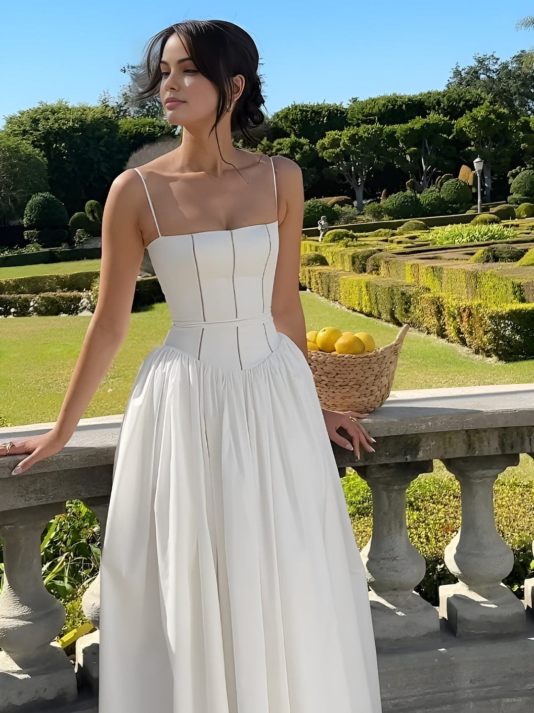 Caroline | Midi Wedding Guest Dress with Corset Bodice and Square Neck