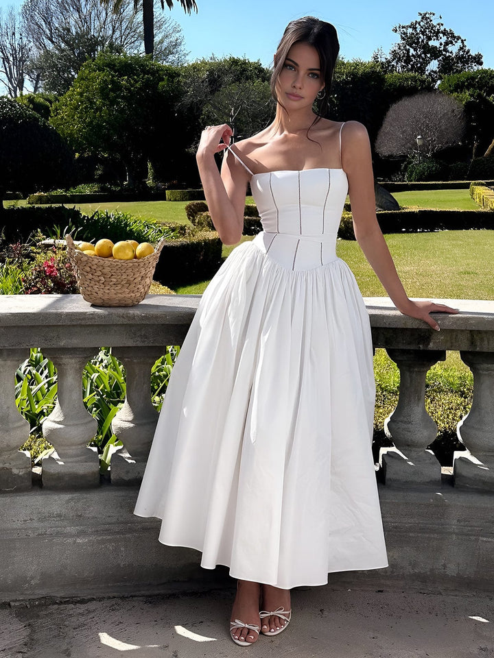 Caroline | Midi Wedding Guest Dress with Corset Bodice and Square Neck