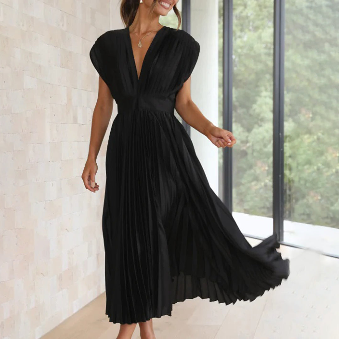 Alexis | Midi Wedding Guest Dress with V-Neck and Pleated Skirt